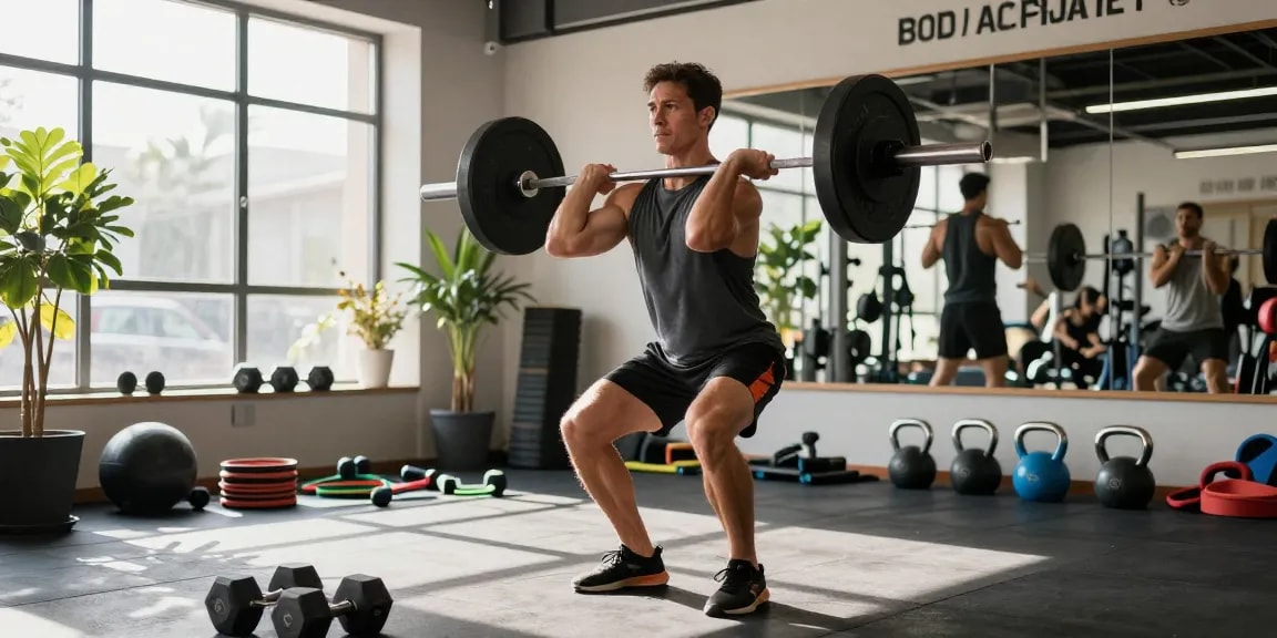 Een krachttrainingssessie in de Unique Pharma Steroiden Winkel, met een mannelijke sporter die een halter heft.