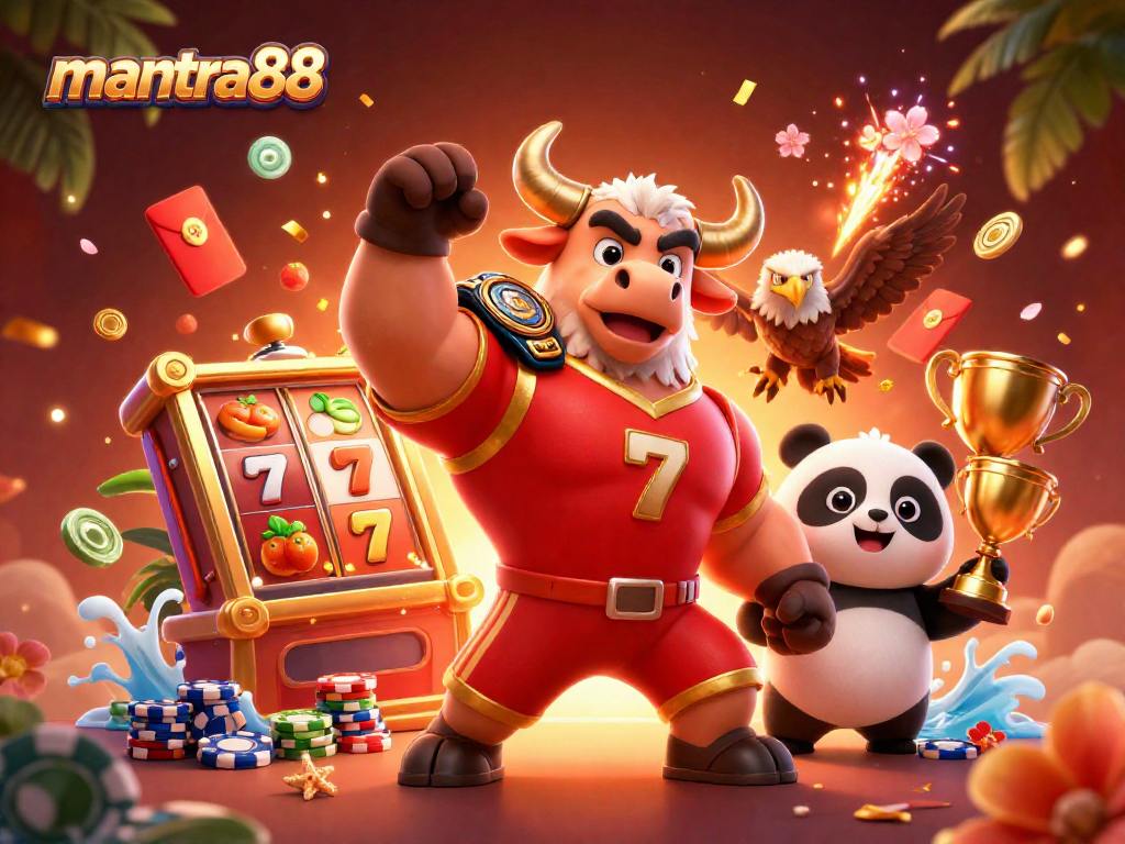 Engage with mantra88's dynamic casino scene featuring a bull mascot, eagle, and panda celebrating with slot elements.