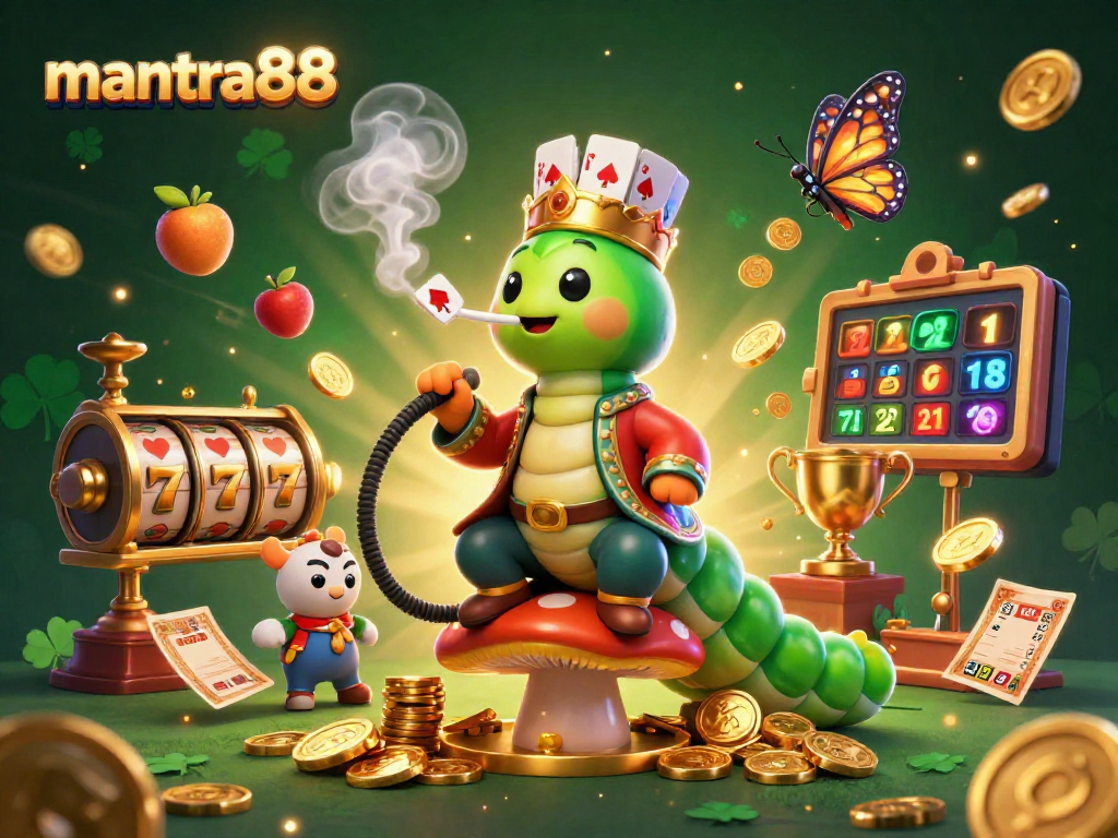 Engage with mantra88's vibrant casino scene featuring colorful slot reels and an imaginative caterpillar character.