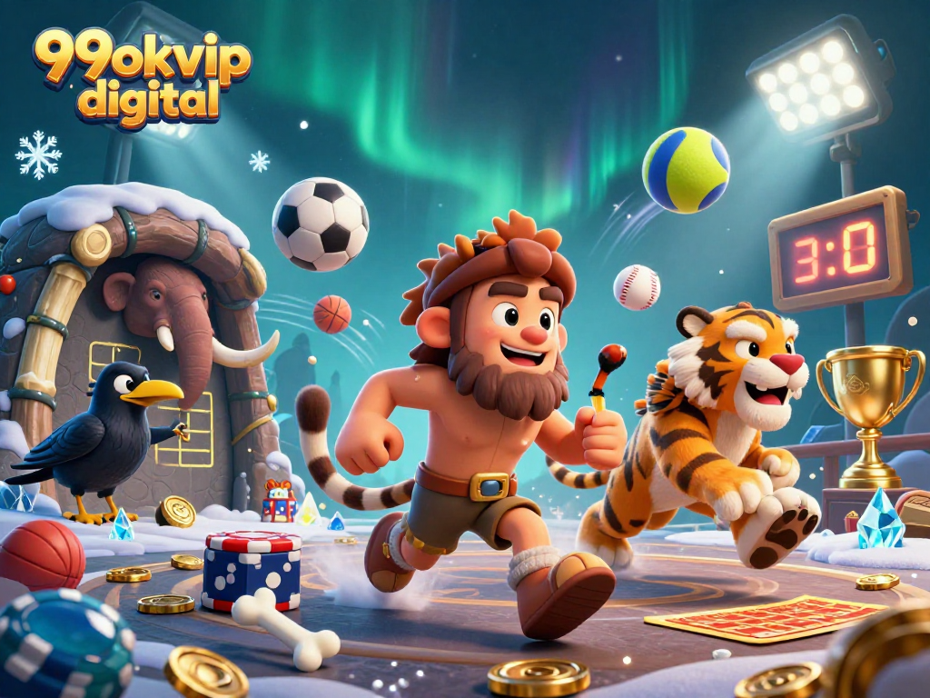 Experience thrilling adventures at 99okvip digital with a prehistoric casino scene featuring lively characters and sports betting elements.
