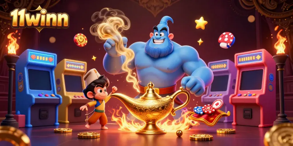Experience the vibrant gaming world of 11winn with an enchanting genie and magic carpet.