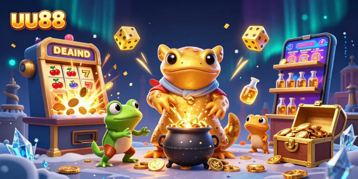 Experience thrilling wins at uu88 with a vibrant scene featuring gold coins, slot machines, and magical creatures.