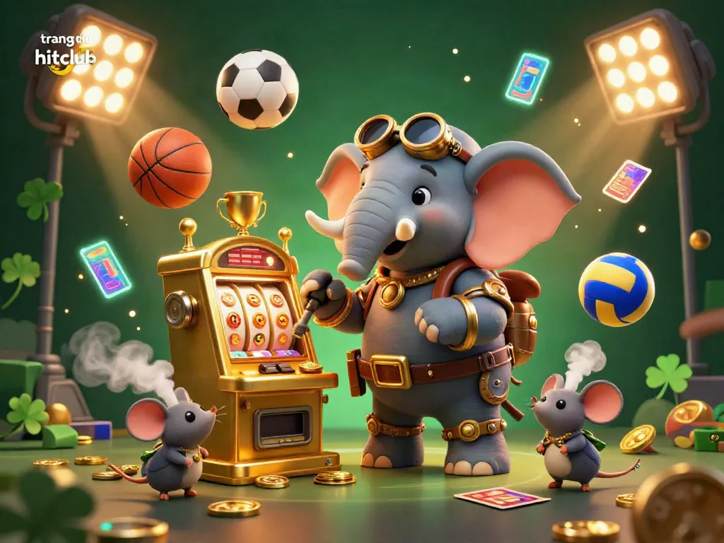 Experience the dynamic world of gaming with trang chủ hitclub, featuring an interactive steampunk elephant at a golden slot machine.