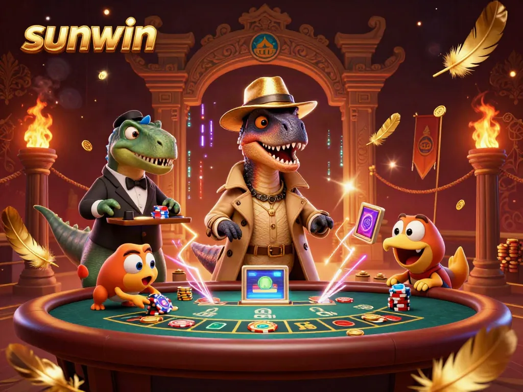 Sunwin gameplay scene with a velociraptor at a blackjack table surrounded by dynamic casino elements.