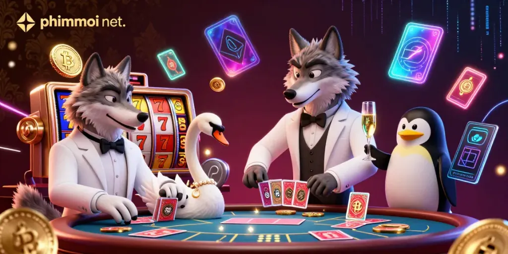 Engage in glamorous baccarat at phimmoi net. with a cartoon debonair wolf and elegant swan dealer amidst vibrant casino elements.