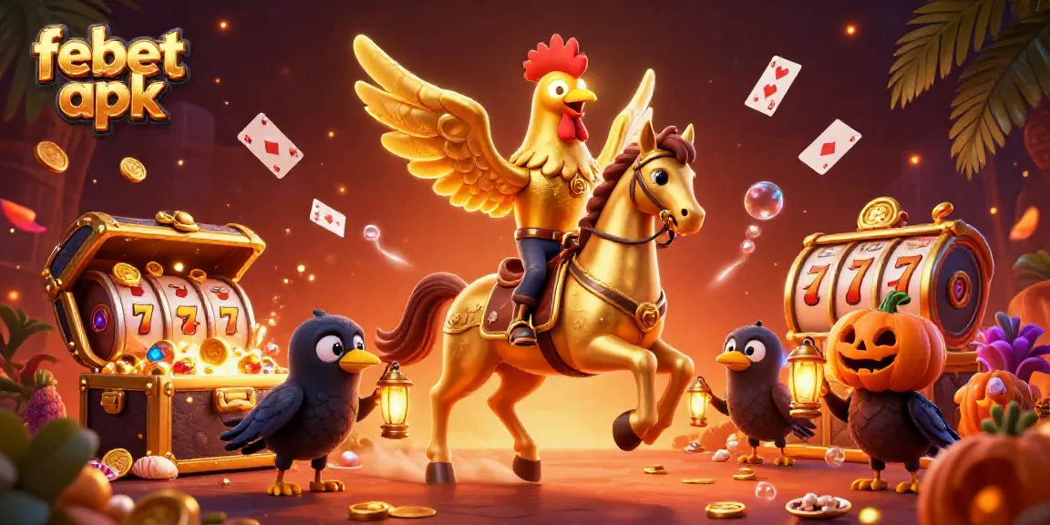 Experience the excitement of febet apk with golden rooster characters amidst a vibrant casino.