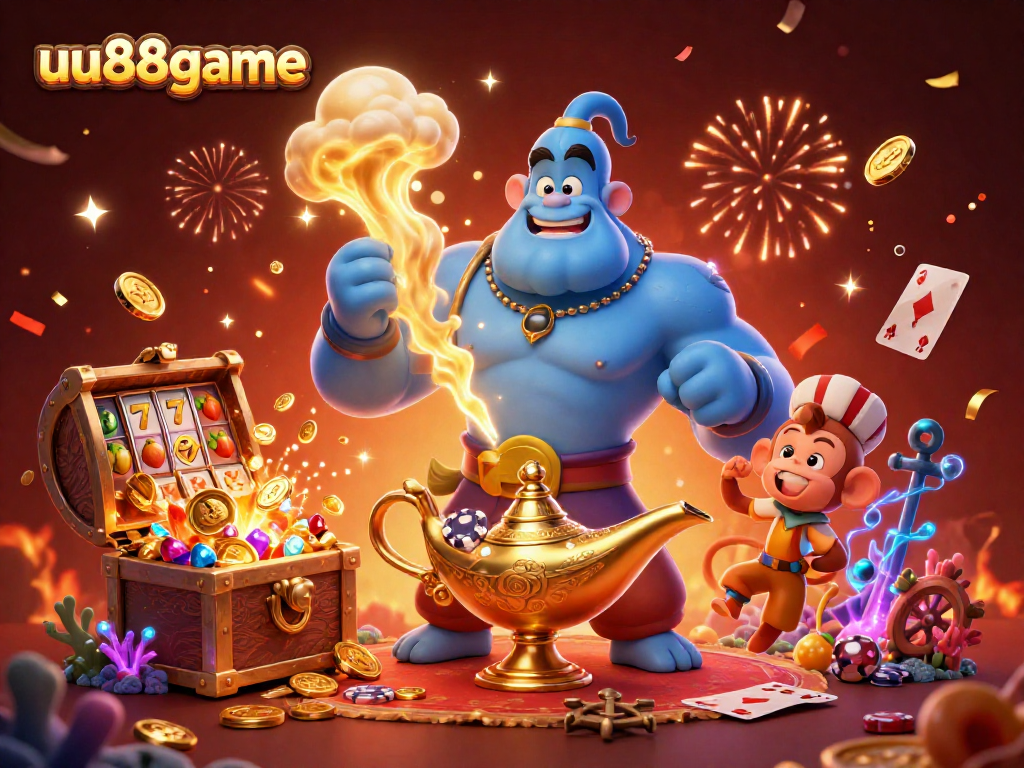 uu88game's vibrant casino scene with a genie, monkey, poker chips, and slot reels bursting in detail.