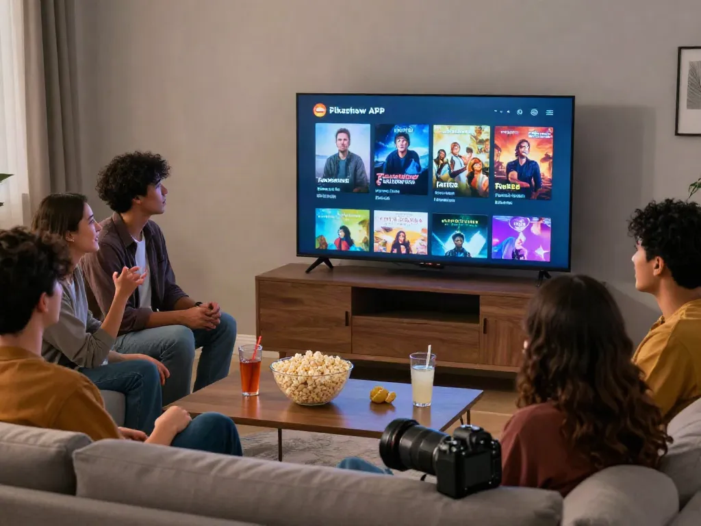 Pikashow APK streaming interface displayed on TV, friends enjoying movie night with snacks in cozy living room.