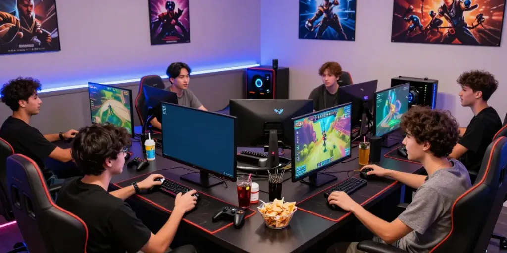 Engaged young gamers enjoying online gaming at https://manclub1.jp.net/ with vibrant atmosphere.