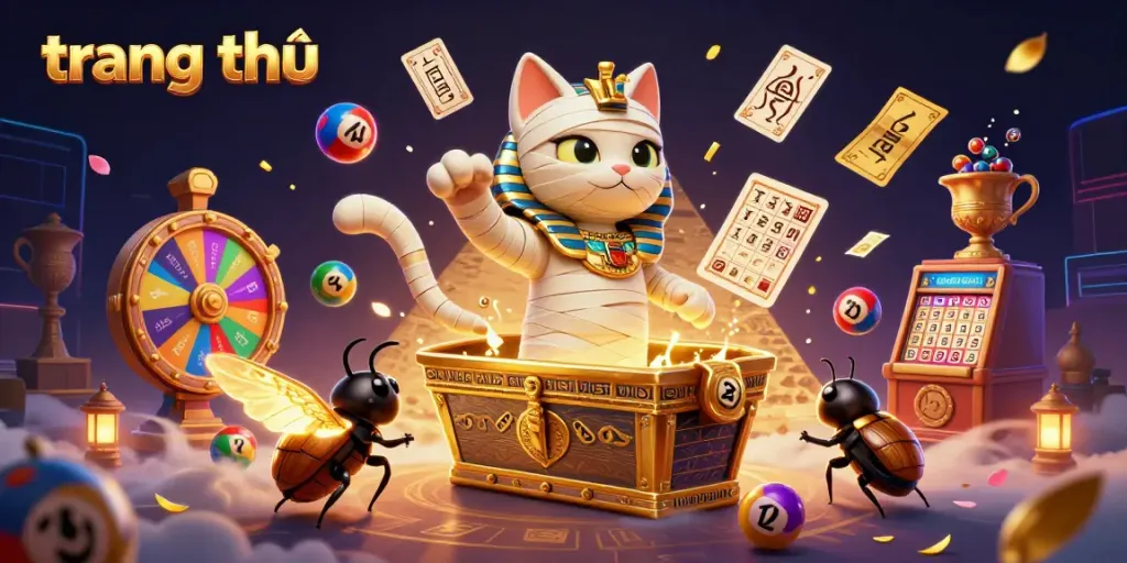 Engaging representation of a fairy-tale-like "trang chủ" fortune scene with a mystical mummy cat in a casino.