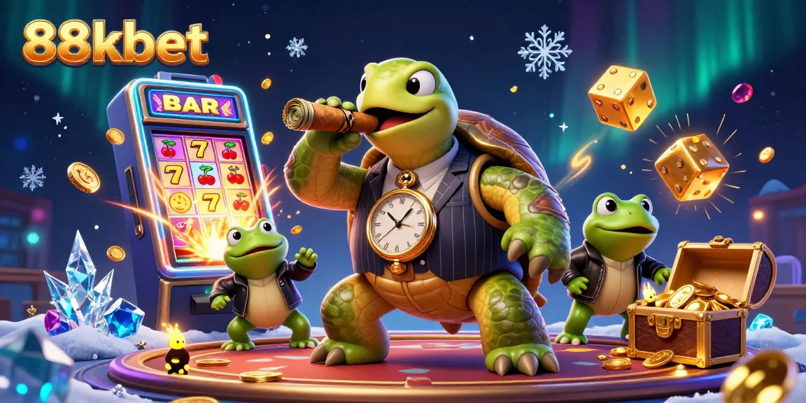 88kbet offers thrilling experiences with a bold turtle and bullfrog enforcers amidst vibrant casino chaos.