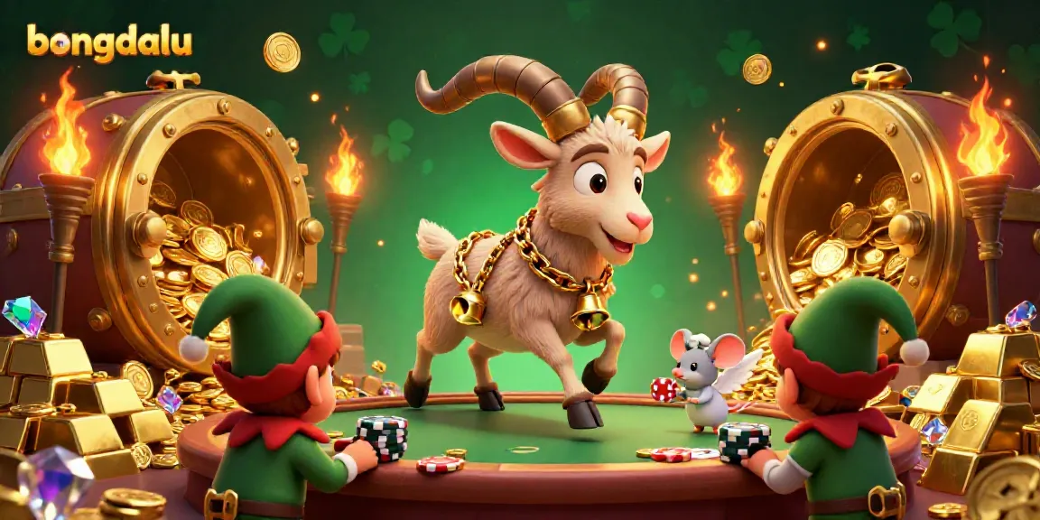 Bongdalu-themed illustration depicting a festive Krampus goat managing a casino with playful gremlins stealing poker chips amidst a shower of gold and jewels.