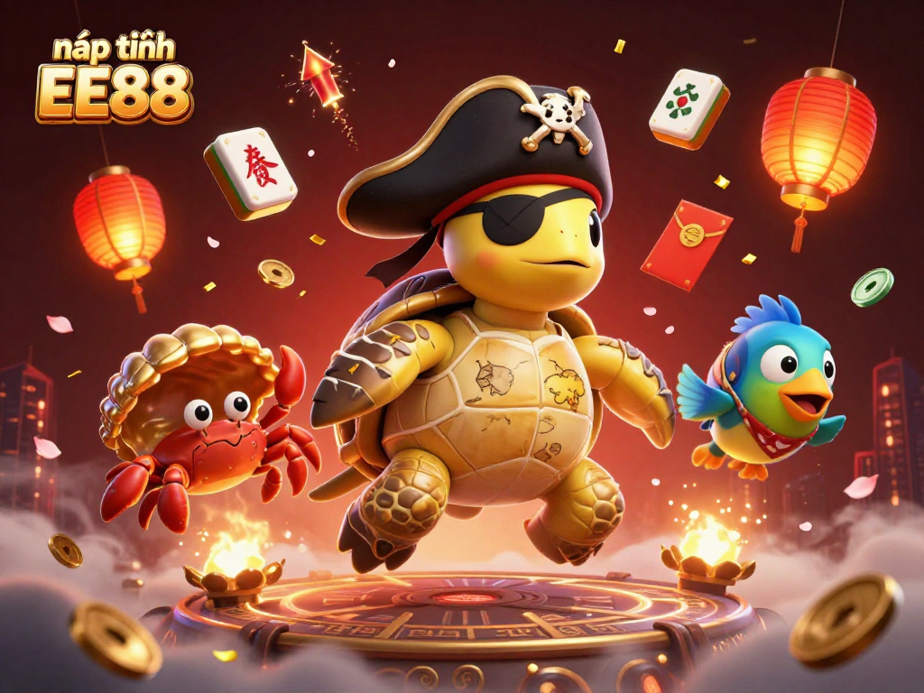 nạp tiền EE88 adds excitement with a vibrant 3D casino scene filled with treasures and festive elements.