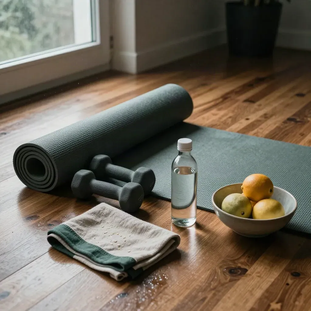 Thuis-fitnessset op hout met mat, dumbbells, handdoek, waterfles en citrus in ochtendlicht.