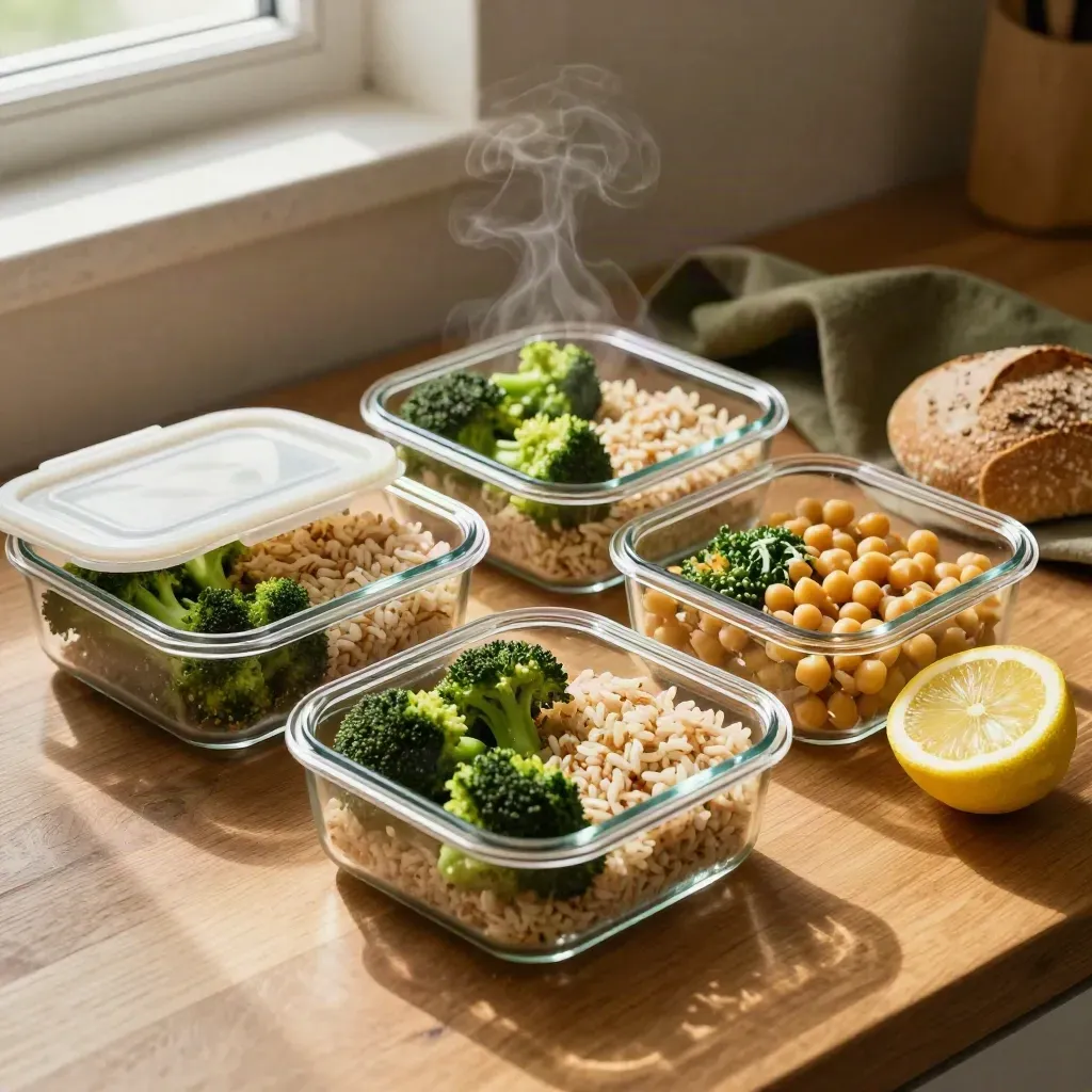 Drie lunchboxes met gestoomde groenten, citroen, volkoren brood en een diepgroene theedoek op hout.