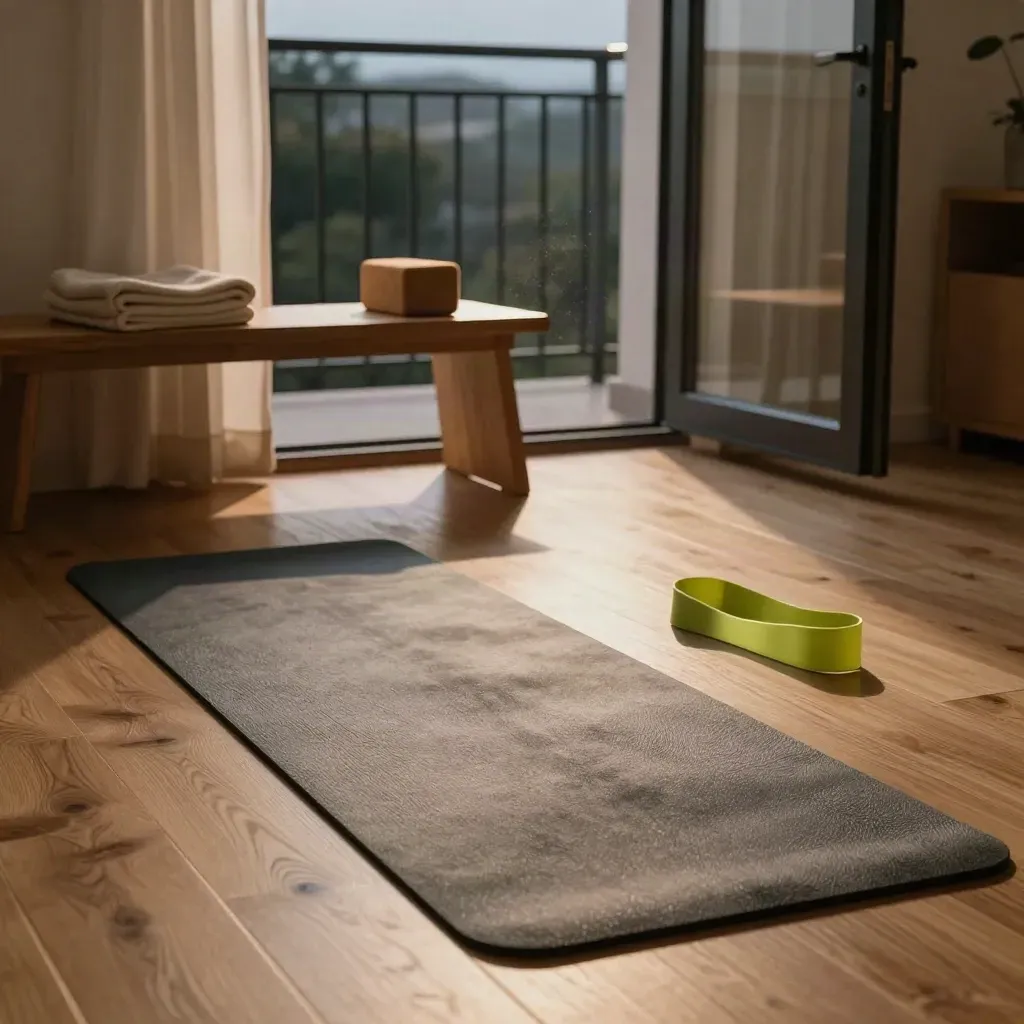 Woonkamerhoek met yogamat, weerstandsband, bankje en open balkondeur in avondlicht.