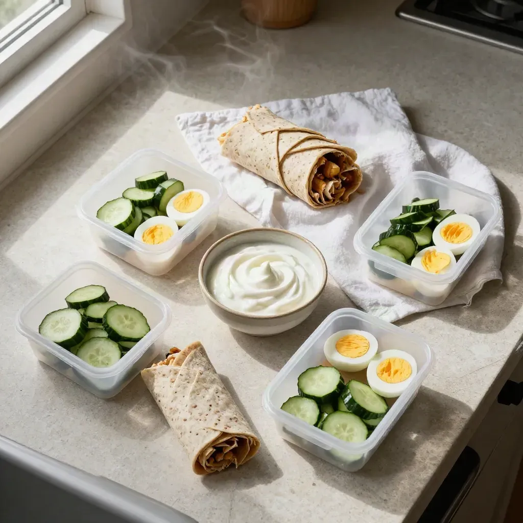 Overhead flat lay van meal prep met komkommer, eieren, wraps en yoghurtschaal op een lichte keukentafel.
