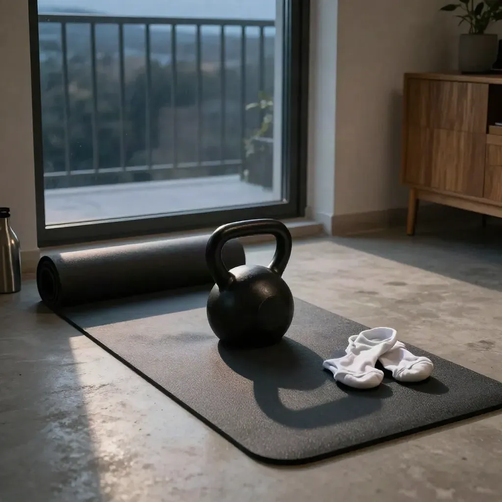 Smalle woonkamer met yogamat, kettlebell en open balkonraam in avondschemering.