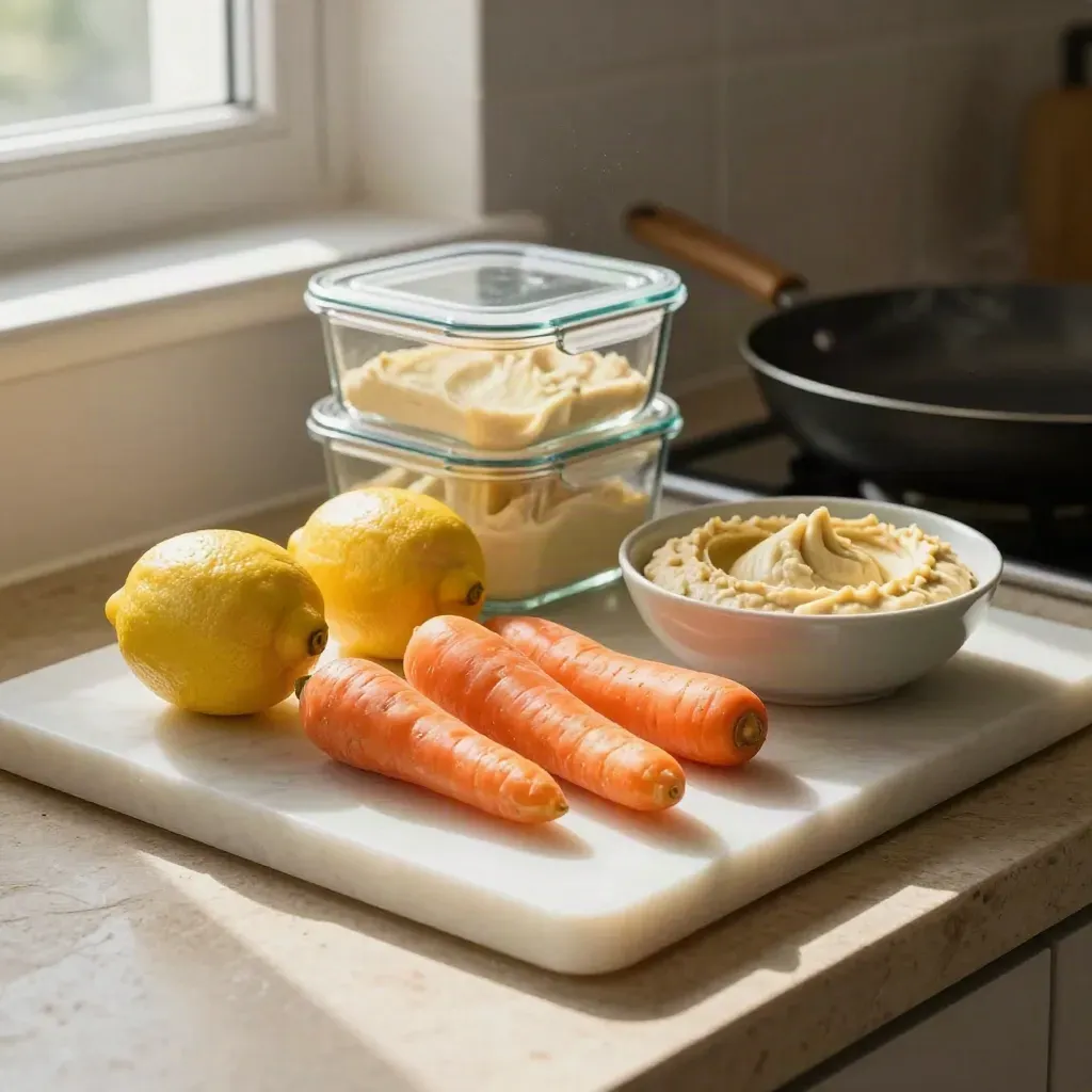 Aanrecht met afgewogen ingrediënten, snijplank, citroenen, wortels, hummus en glazen bakjes in warm licht.