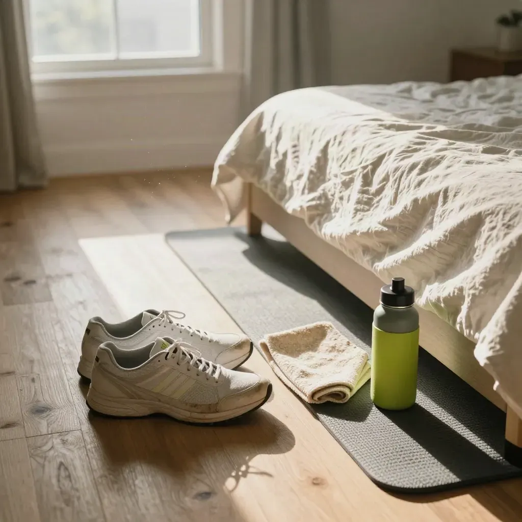 Ochtendscene in een slaapkamer met sportschoenen, handdoek, waterfles en yogamat bij het bed.