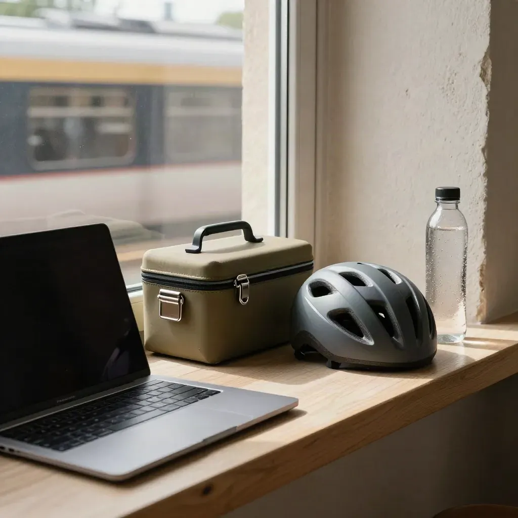 Werkplek bij raam met laptop, lunchbox, fietshelm en waterfles in diagonale opstelling.
