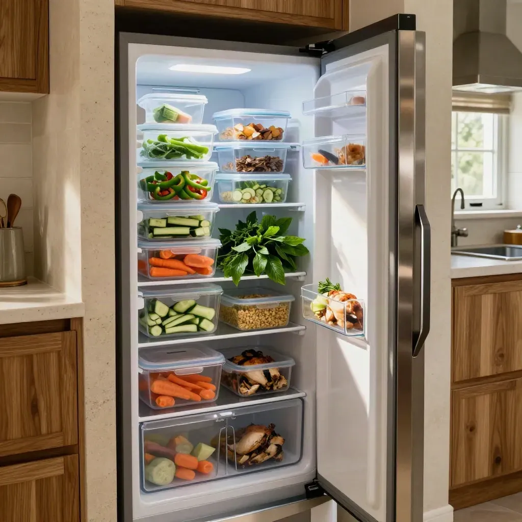 Open koelkast met mealprep-boxen, groenten en granen in een Nederlandse keuken.