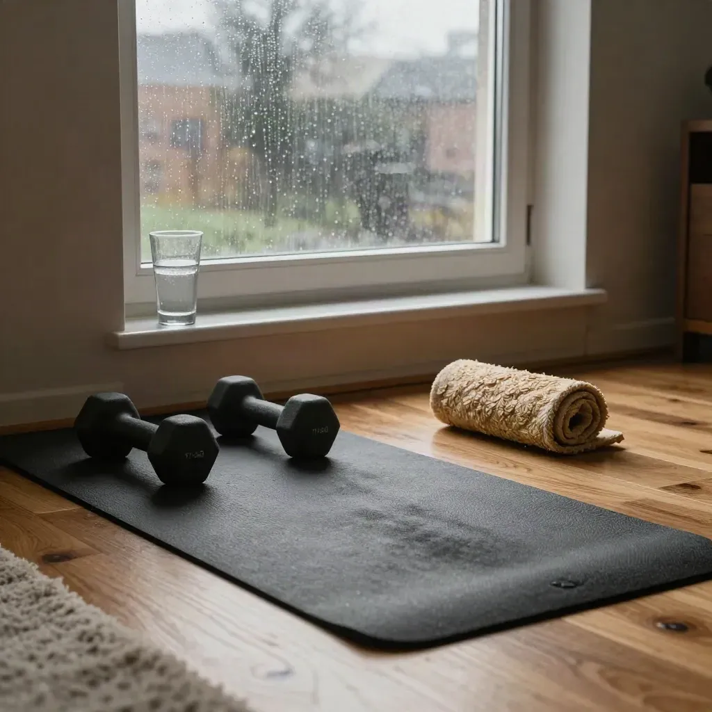 Mat, dumbbells, handdoek en water bij een regenachtig raam in een lichte woonkamer.