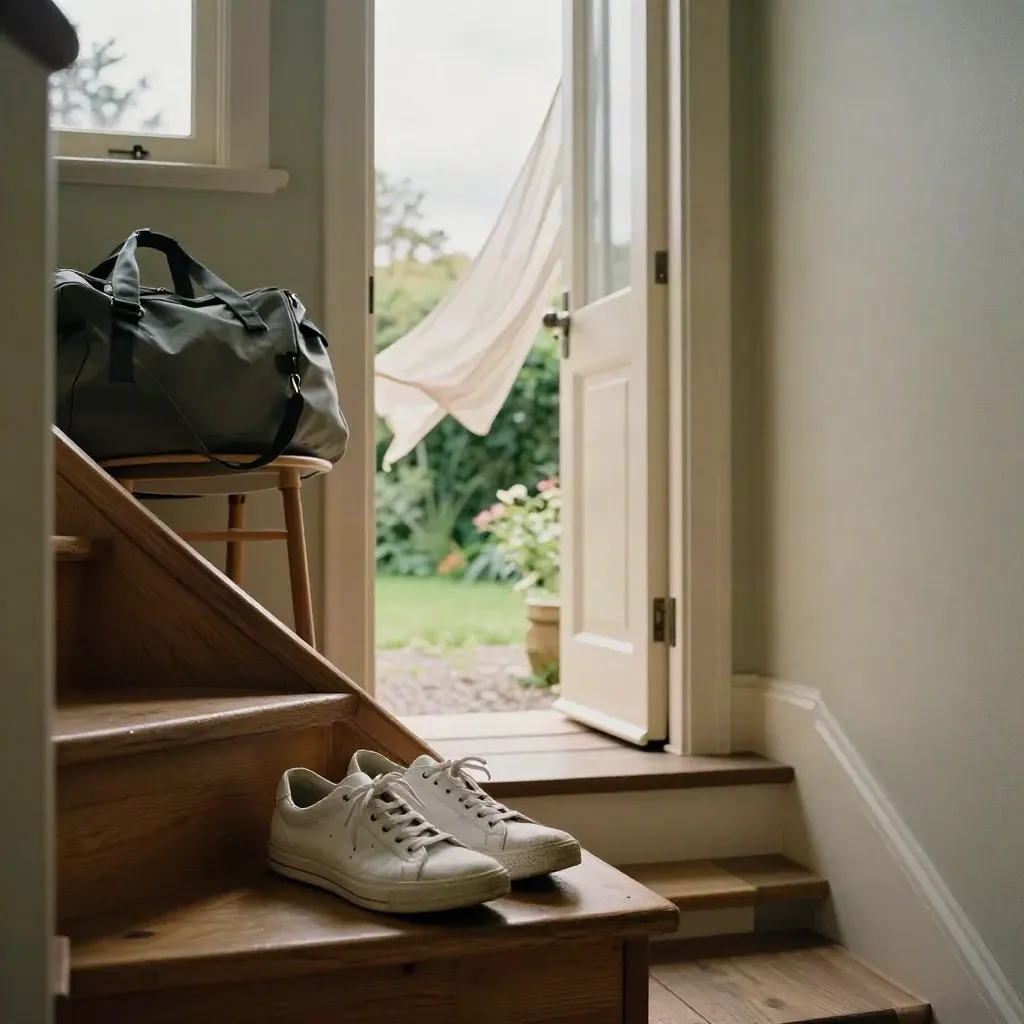 Rustige trap in Nederlandse woning met sportschoenen, tas op stoel en open deur naar de tuin.