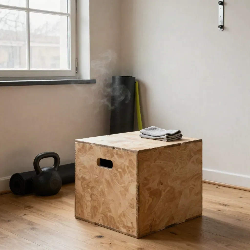 Compacte trainingsruimte met plyo box, kettlebell en mat in Utrecht, dramatisch belicht.