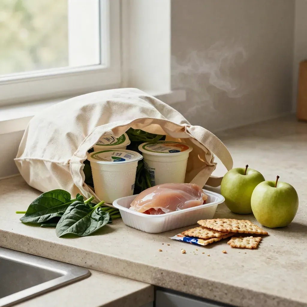 Canvas boodschappentas met yoghurt, spinazie, kip, appels en crackers op een keukenbank
