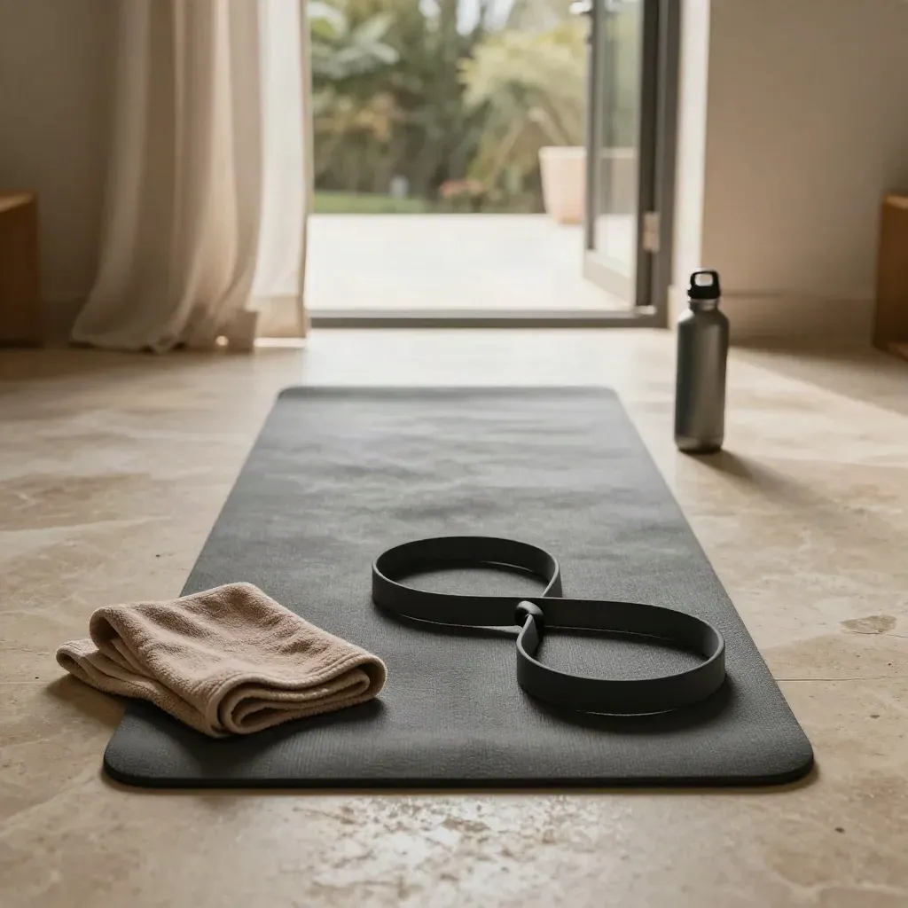 Thuisgym met mat, weerstandsband, handdoek en waterfles bij open terrasdeur in warm licht