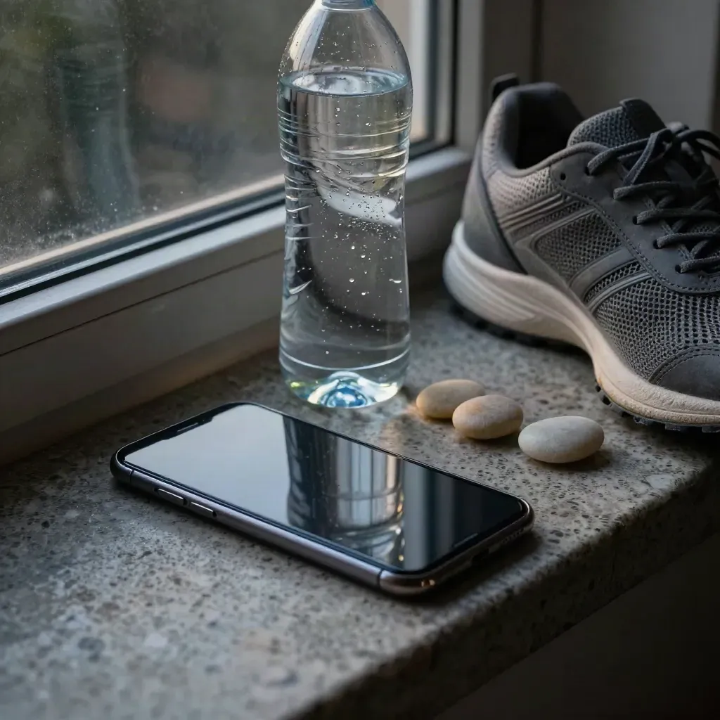 Smartphone, waterfles, sportschoen en drie stenen op een stenen vensterbank bij nacht.
