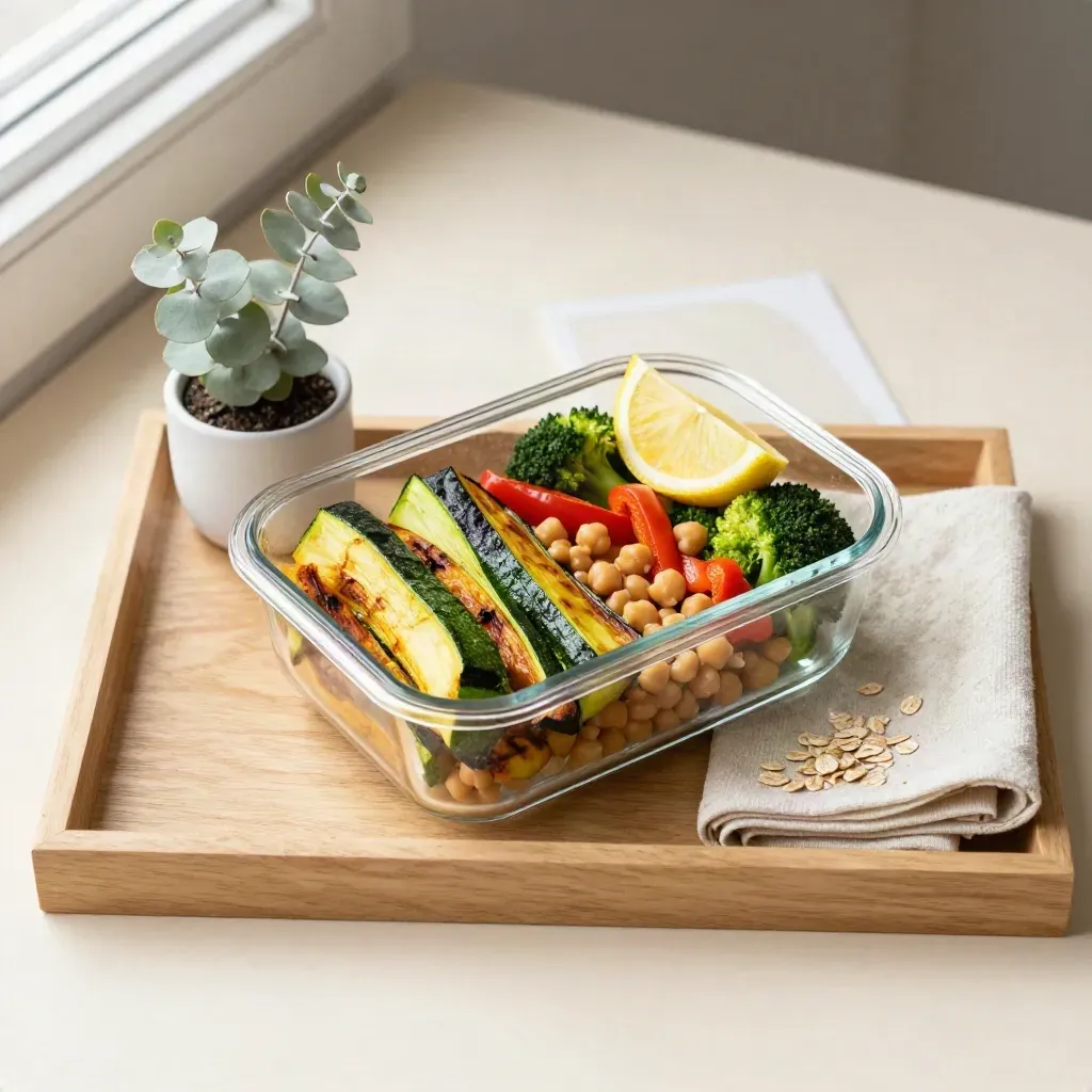 Glazen meal-prep box met gegrilde groenten, citroen, plantje en servet op licht hout.