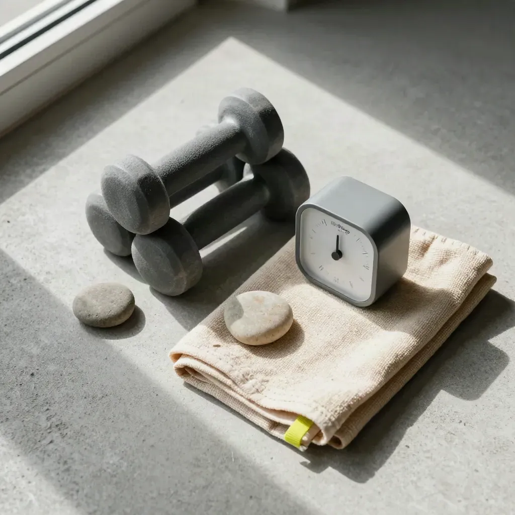 Mini-gewichten, timer, steen en gevouwen doek op beton met subtiel limeaccent.