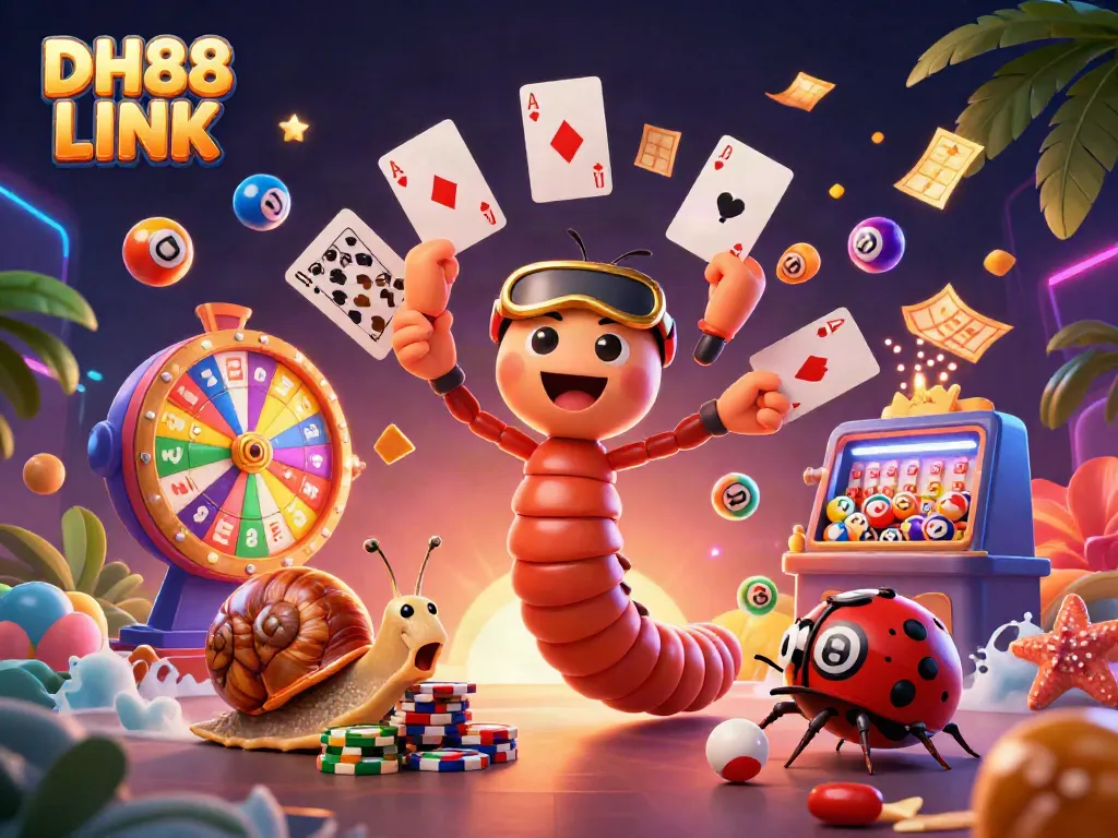Engage with the vibrant world of DH88 LINK, featuring animated casino characters and exciting gaming elements.