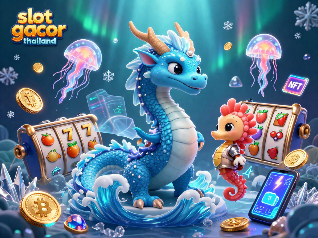 Engage in slot gacor thailand with vibrant 3D illustration showcasing dragon, seahorse knight, and slot symbols.