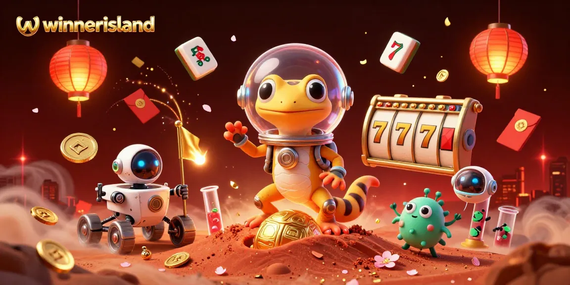 winnerisland showcases an exciting 3D illustration of a Martian gecko discovering a golden casino.
