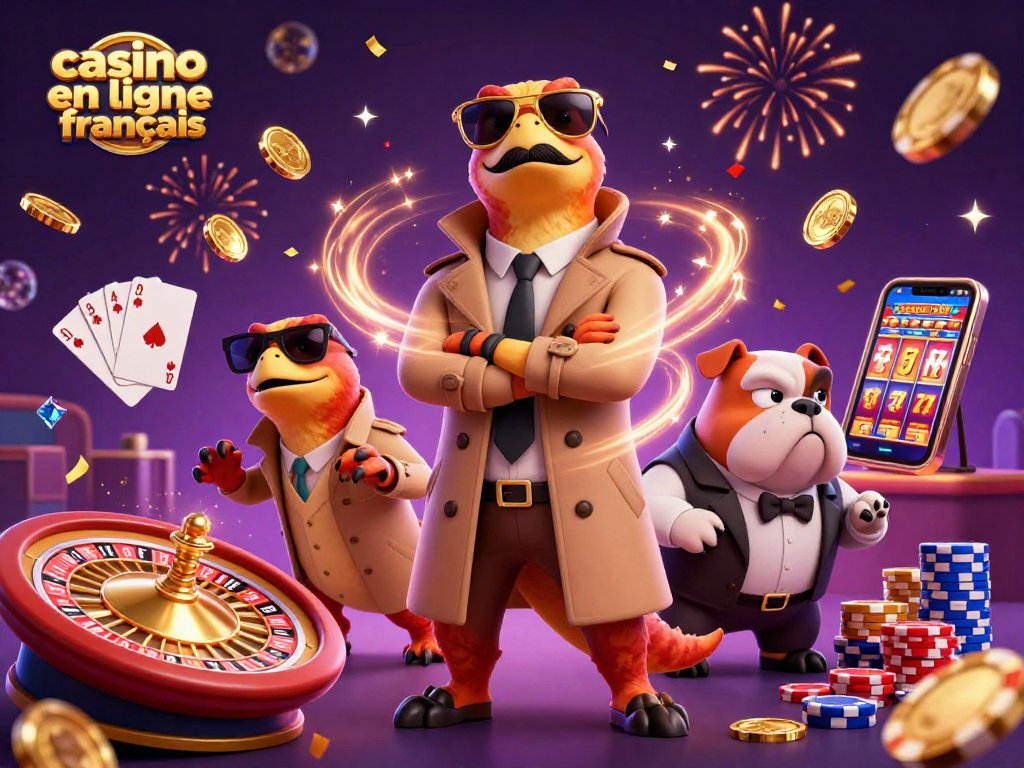 Jouer au casino en ligne français avec des personnages animés dans un décor dynamique rempli de pièces et de gains.