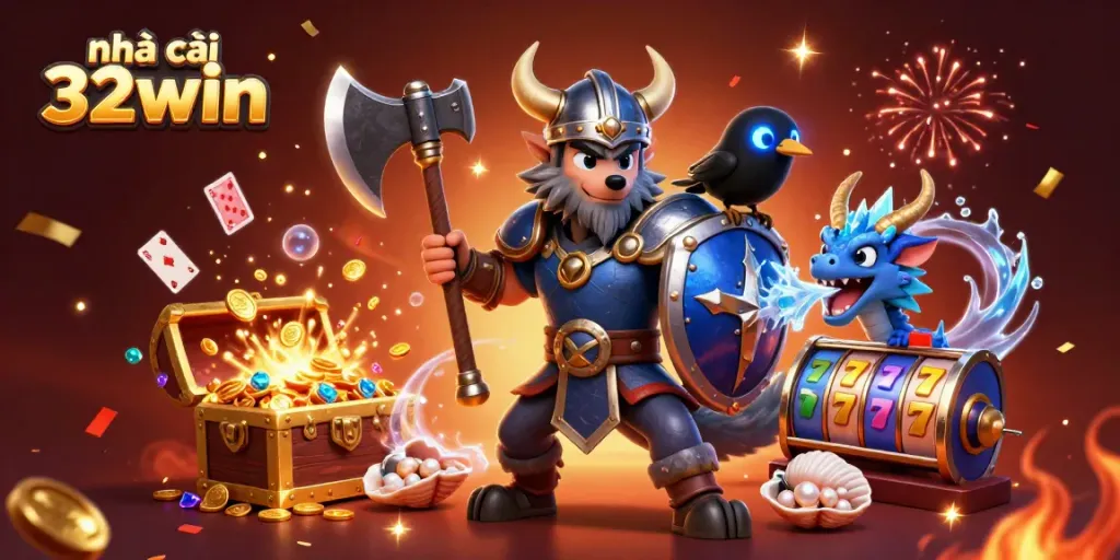 Engaging scene with nhà cái 32win featuring a Viking wolf warrior, dragon, and raven amidst slot game elements and gold treasures.