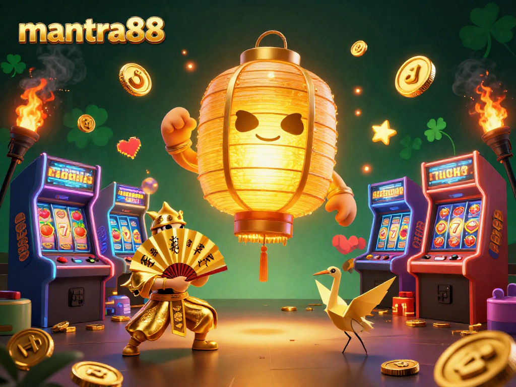 Experience the excitement of mantra88 with golden lantern spirits and dynamic casino elements in a vibrant arcade scene.