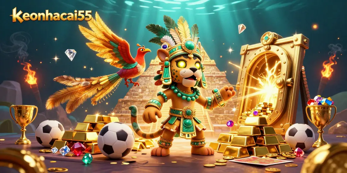 Bet on keonhacai55 with vibrant 3D representation of Mayan priests and treasures