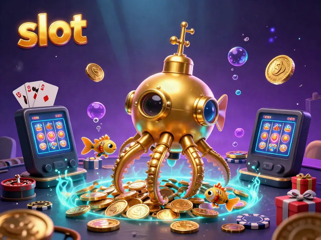 Immerse in a vibrant scene where a golden kraken submarine emerges from coins amidst colorful slot games.