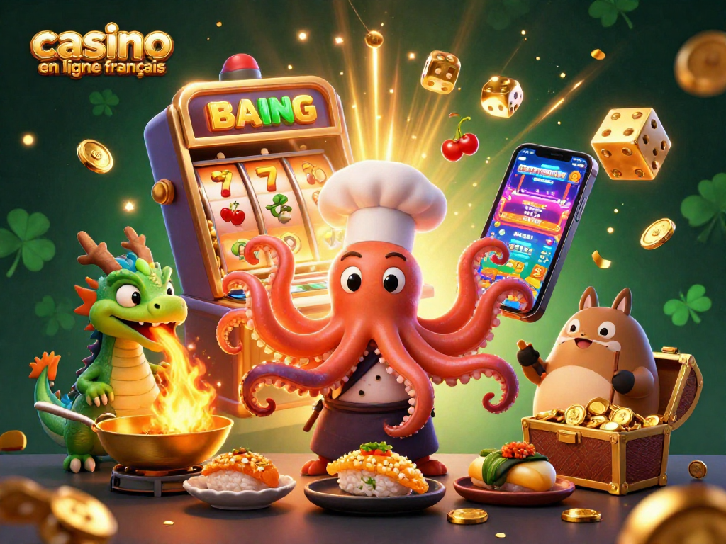 Profitez du monde du casino en ligne francais avec des personnages animés préparant des plats dorés et des machines à sous éclatantes.