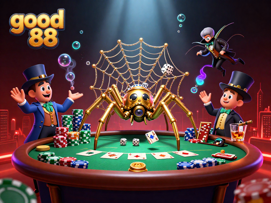 Catch luck at good 88 with interactive steampunk spider weaving its web of fortune in an exciting casino setting.