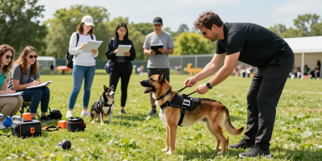ROKOK88 slot gear in action during a K9 training session at a park, showcasing functionality and modern design.