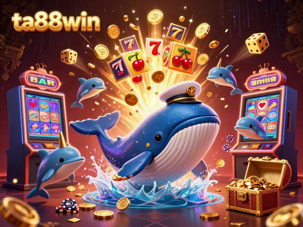 Experience the thrill of ta88win with a cartoon whale breaching coins and playful dolphins in an ultra-detailed casino scene.