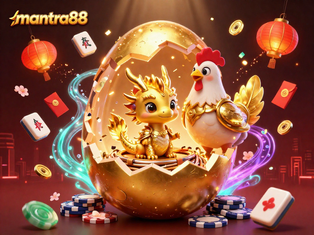 Experience thrilling gaming with mantra88: A golden dragon amidst poker chips brings fortune.