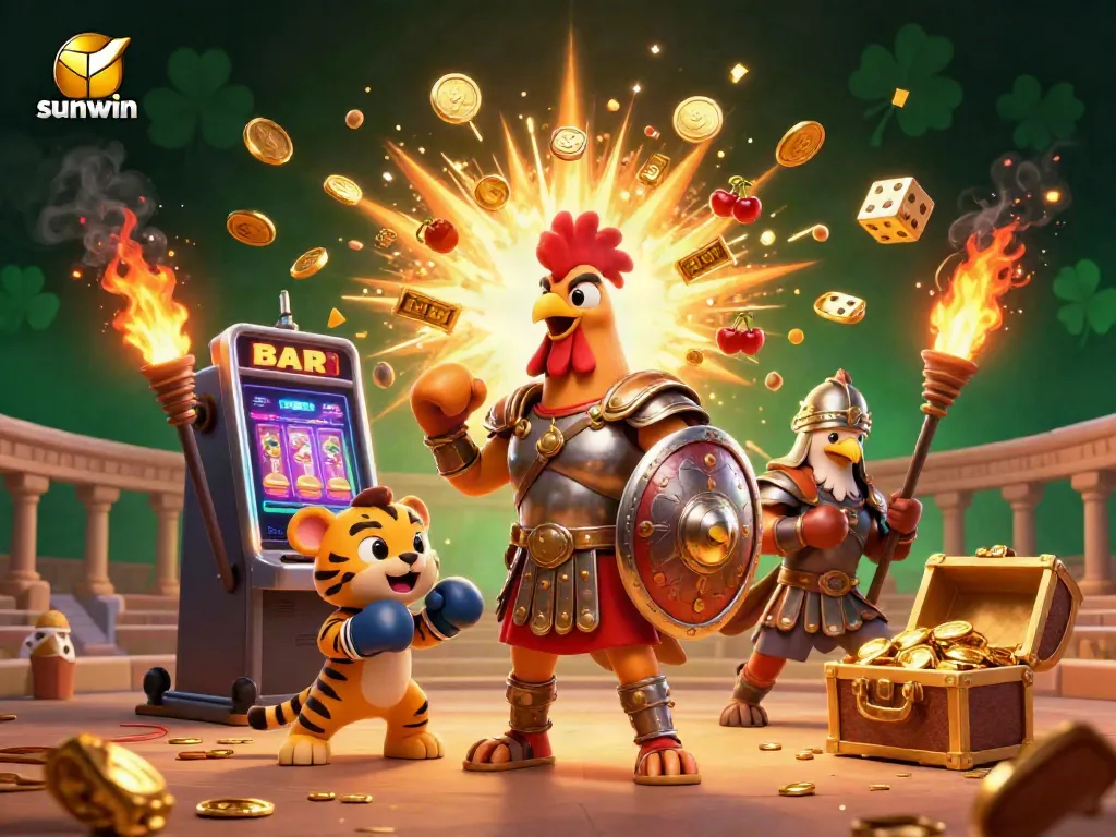 Experience the thrill of sunwin with an ultra-detailed 3D digital art scene featuring casino elements and characters.