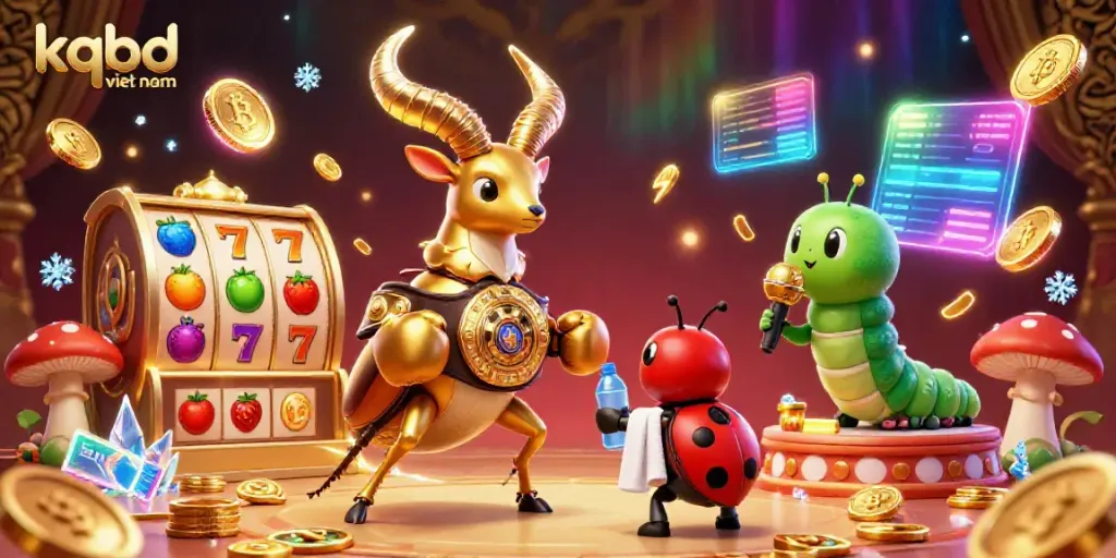 Engage with dynamic kqbd viet nam gaming scene featuring a golden stag beetle amidst slot machines and vibrant coins.