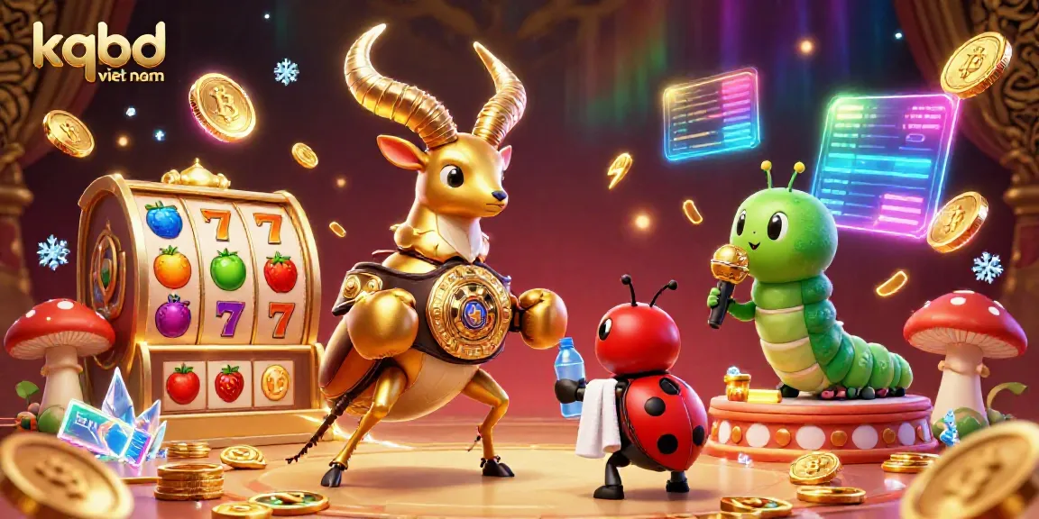 Engage with dynamic kqbd viet nam gaming scene featuring a golden stag beetle amidst slot machines and vibrant coins.